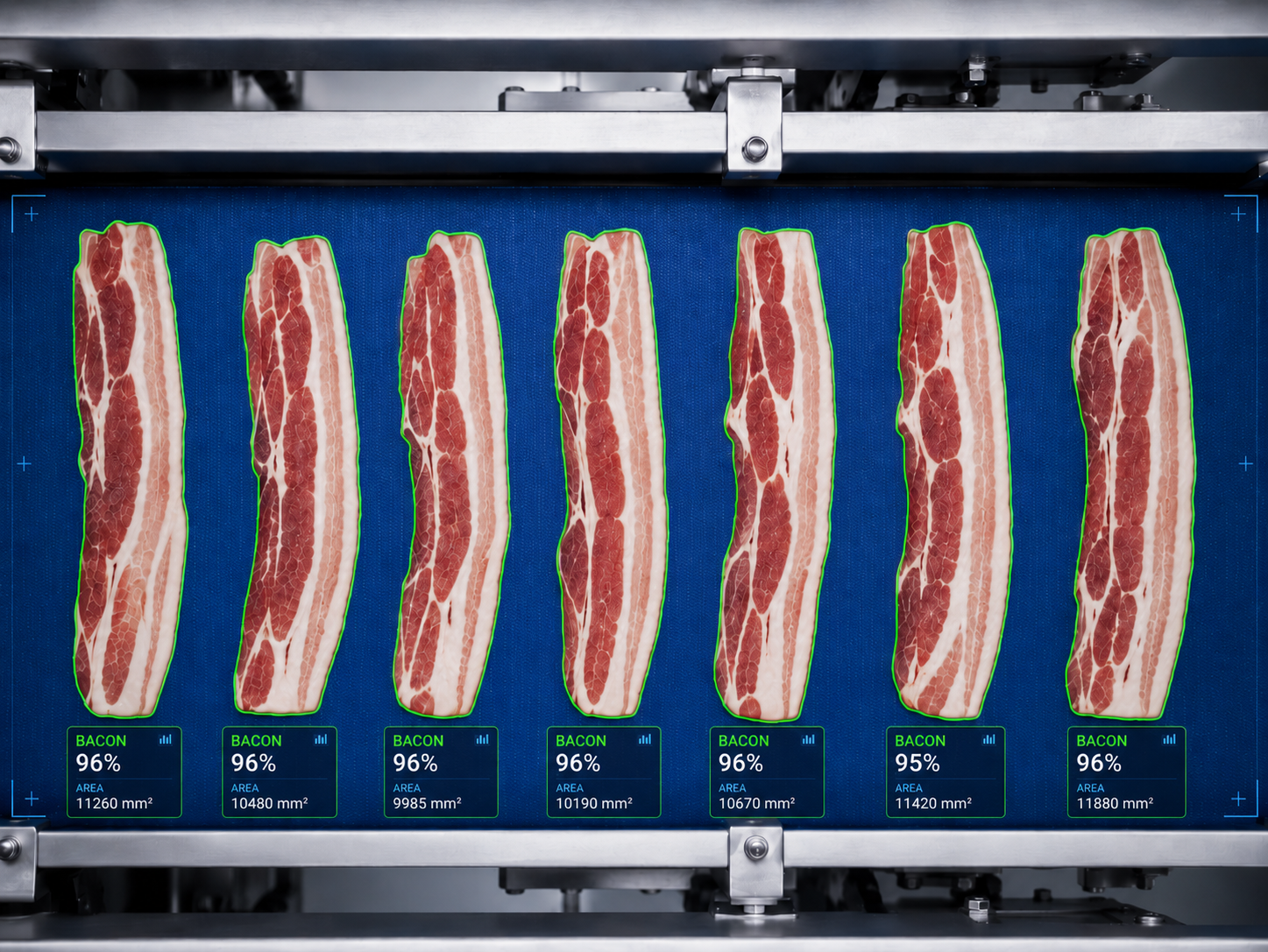 Vision systeem detecteert bacon op een lopende band met automatische kwaliteitscontrole